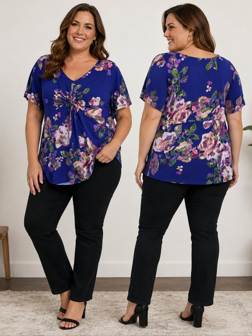 Daisy Fuentes XL Iris Combo Floral Twist Front Top Soft Boho Romantic Contempora